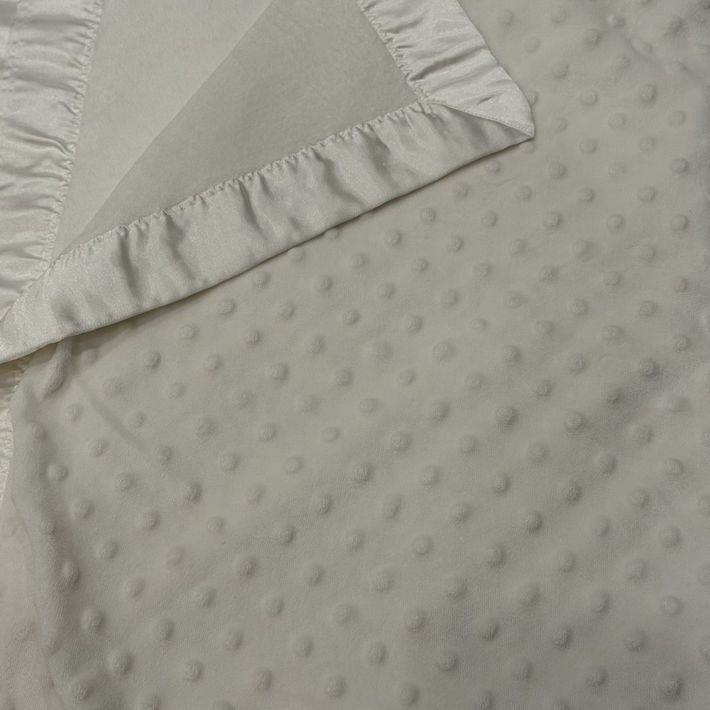Bright Future Baby Blanket Cream White Minky Dot Satin Trim Lovey 37x29